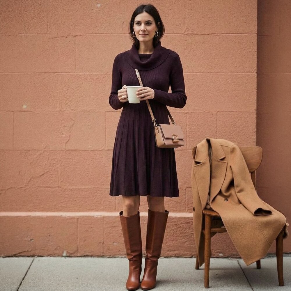Dana Buchman Dark Purple Long-Sleeve Cowl Neck Dress